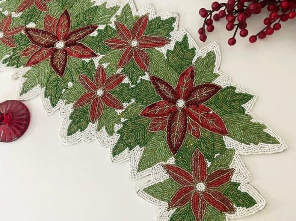 Table Linens | Christmas Flowers And Leaves Beaded Table Runner Kitchen Table Linens