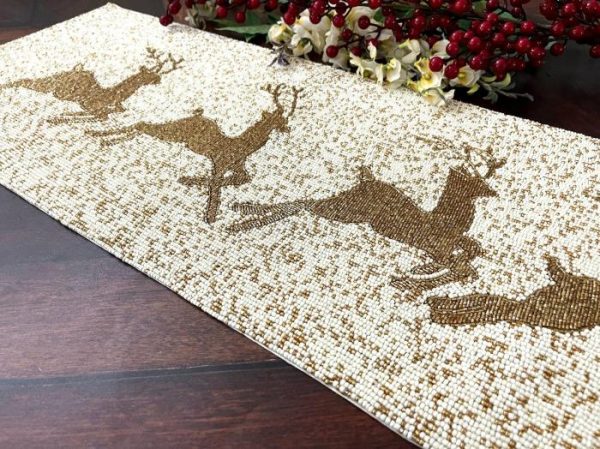 Table Linens | Christmas Golden Reindeer Beaded Table Runner Kitchen Table Linens