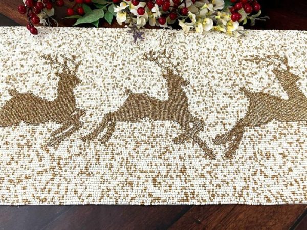 Table Linens | Christmas Golden Reindeer Beaded Table Runner Kitchen Table Linens