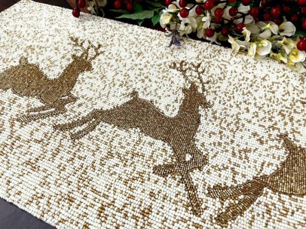 Table Linens | Christmas Golden Reindeer Beaded Table Runner Kitchen Table Linens