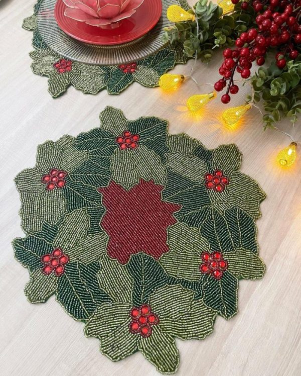 Table Linens | Christmas Holly Berry Bead And Crystal Placemat Kitchen Table Linens