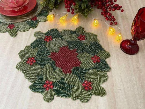 Table Linens | Christmas Holly Berry Bead And Crystal Placemat Kitchen Table Linens