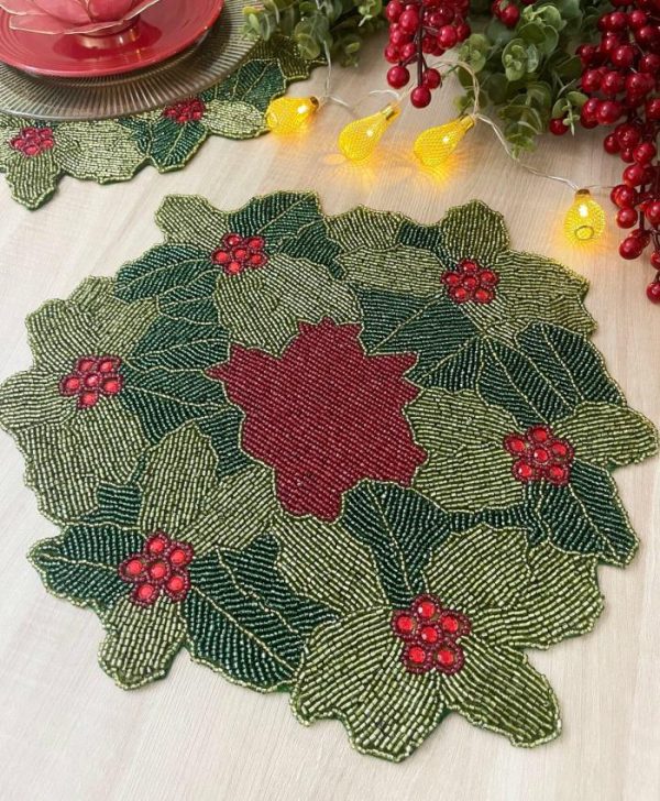 Table Linens | Christmas Holly Berry Bead And Crystal Placemat Kitchen Table Linens