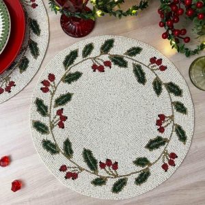 Table Linens | Christmas Holly Berry Leaves Round Beaded Placemat, Set of 2 Kitchen Table Linens