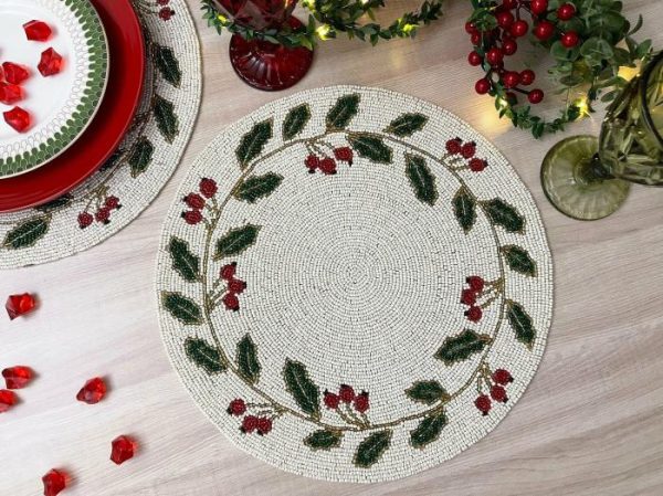 Table Linens | Christmas Holly Berry Leaves Round Beaded Placemat, Set of 2 Kitchen Table Linens