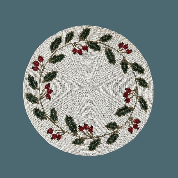 Table Linens | Christmas Holly Berry Leaves Round Beaded Placemat, Set of 2 Kitchen Table Linens