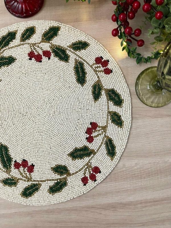 Table Linens | Christmas Holly Berry Leaves Round Beaded Placemat, Set of 2 Kitchen Table Linens