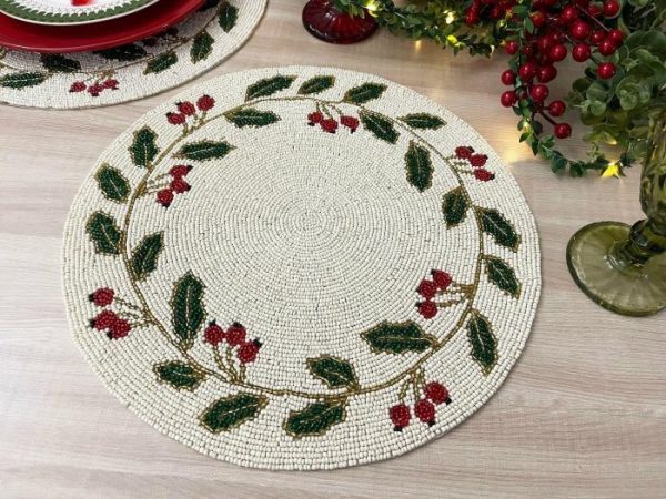 Table Linens | Christmas Holly Berry Leaves Round Beaded Placemat, Set of 2 Kitchen Table Linens