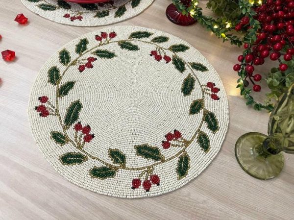 Table Linens | Christmas Holly Berry Leaves Round Beaded Placemat, Set of 2 Kitchen Table Linens