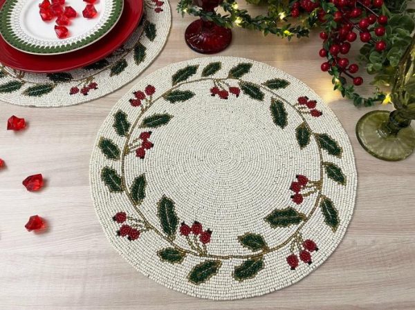 Table Linens | Christmas Holly Berry Leaves Round Beaded Placemat, Set of 2 Kitchen Table Linens