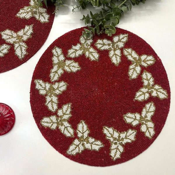 Table Linens | Christmas Holly Berry Round Beaded Placemat Kitchen Table Linens