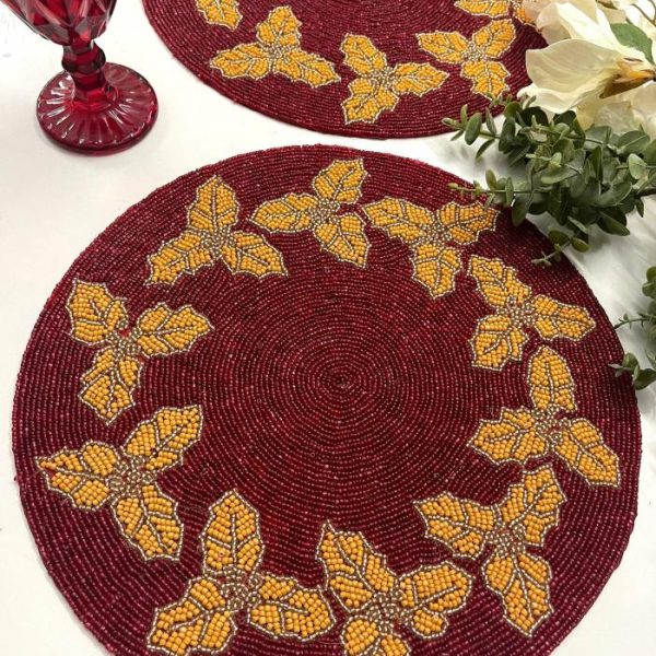 Table Linens | Christmas Holly Berry Round Beaded Placemat – Gold – Set Of 6 Kitchen Table Linens