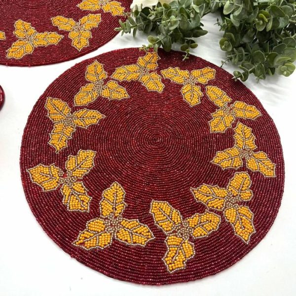 Table Linens | Christmas Holly Berry Round Beaded Placemat – Gold – Set Of 6 Kitchen Table Linens