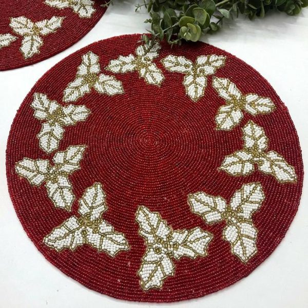 Table Linens | Christmas Holly Berry Round Beaded Placemat Kitchen Table Linens