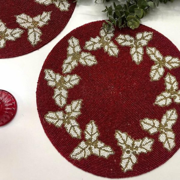 Table Linens | Christmas Holly Berry Round Beaded Placemat Kitchen Table Linens