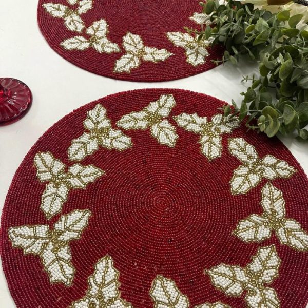 Table Linens | Christmas Holly Berry Round Beaded Placemat Kitchen Table Linens