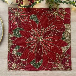 Table Linens | Christmas Poinsettia Square Beaded Placemat Kitchen Table Linens