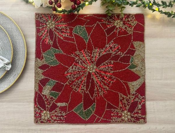 Table Linens | Christmas Poinsettia Square Beaded Placemat Kitchen Table Linens