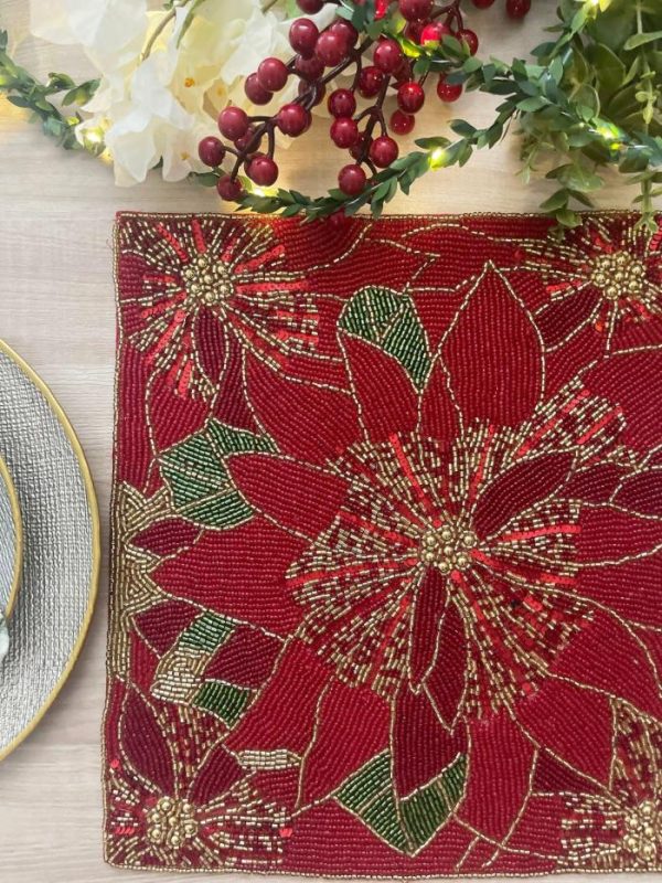 Table Linens | Christmas Poinsettia Square Beaded Placemat Kitchen Table Linens