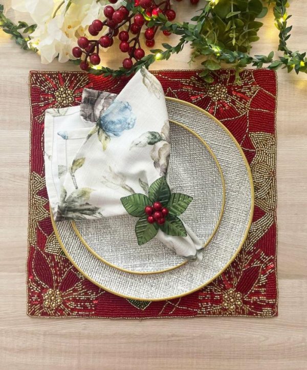 Table Linens | Christmas Poinsettia Square Beaded Placemat Kitchen Table Linens