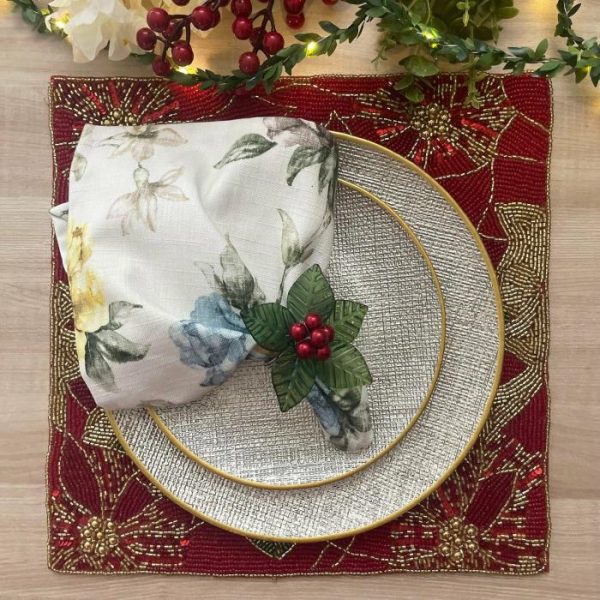 Table Linens | Christmas Poinsettia Square Beaded Placemat Kitchen Table Linens