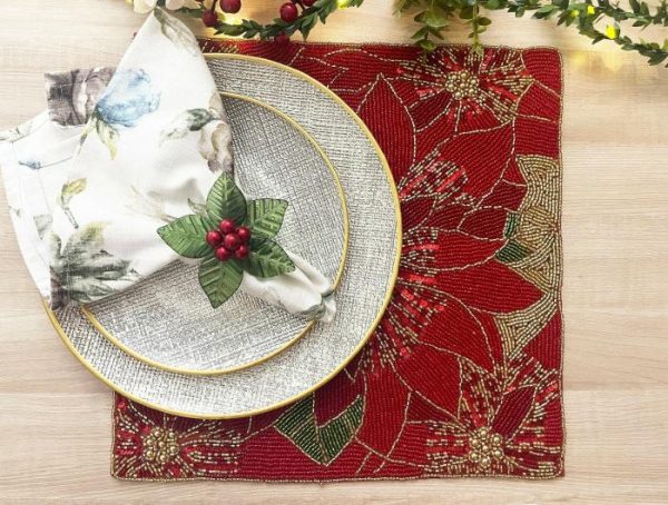 Table Linens | Christmas Poinsettia Square Beaded Placemat Kitchen Table Linens