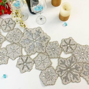 Table Linens | Christmas Snowflakes Sequin And Bead Table Runner, 13 x 36 Kitchen Table Linens