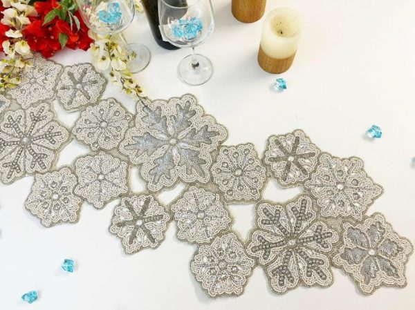 Table Linens | Christmas Snowflakes Sequin And Bead Table Runner, 13 x 36 Kitchen Table Linens