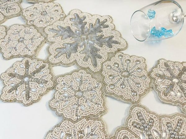 Table Linens | Christmas Snowflakes Sequin And Bead Table Runner, 13 x 36 Kitchen Table Linens