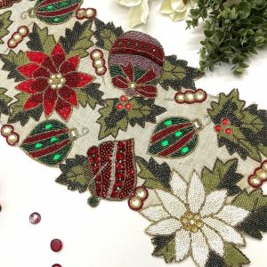 Table Linens | Christmas Spirit Bells And Flowers Beaded Table Runner Kitchen Table Linens