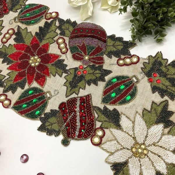 Table Linens | Christmas Spirit Bells And Flowers Beaded Table Runner Kitchen Table Linens