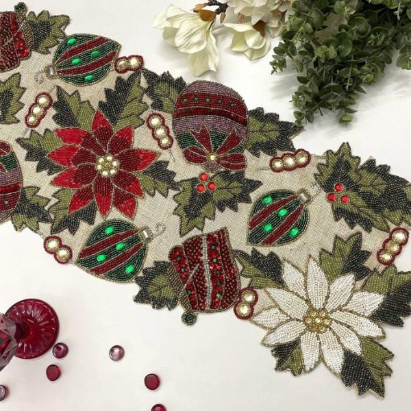 Table Linens | Christmas Spirit Bells And Flowers Beaded Table Runner Kitchen Table Linens