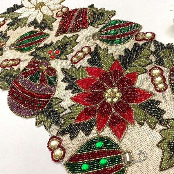 Table Linens | Christmas Spirit Bells And Flowers Beaded Table Runner Kitchen Table Linens