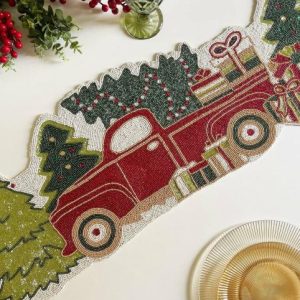 Table Linens | Christmas Trees And Red Trucks Beaded Table Runner Kitchen Table Linens