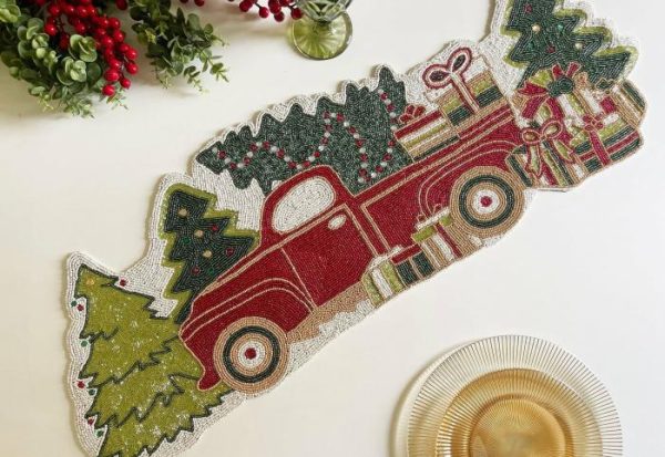 Table Linens | Christmas Trees And Red Trucks Beaded Table Runner Kitchen Table Linens