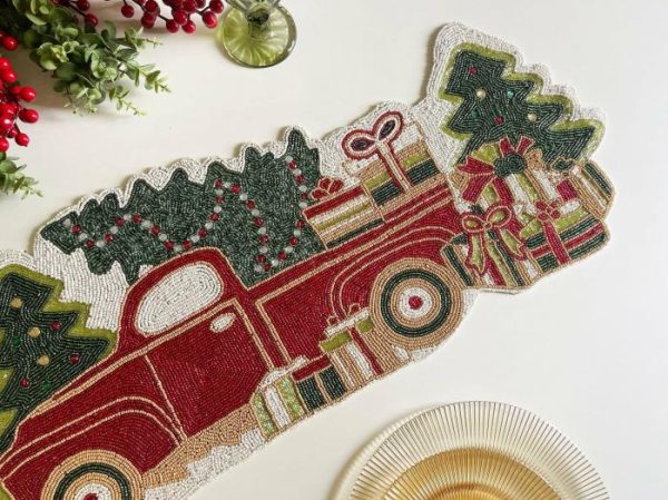 Table Linens | Christmas Trees And Red Trucks Beaded Table Runner Kitchen Table Linens