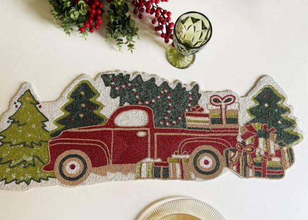 Table Linens | Christmas Trees And Red Trucks Beaded Table Runner Kitchen Table Linens