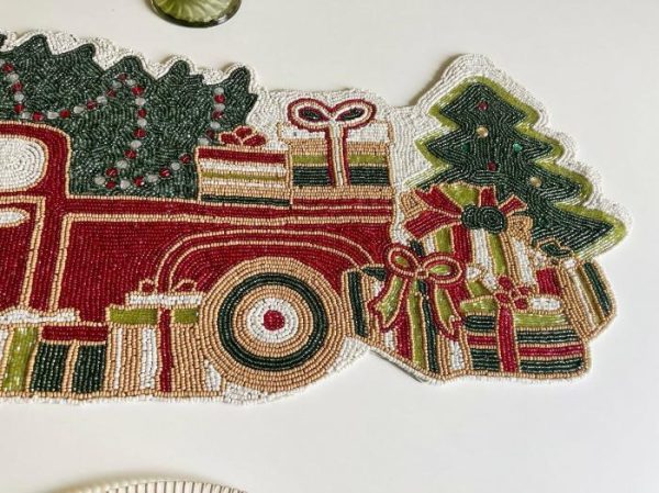 Table Linens | Christmas Trees And Red Trucks Beaded Table Runner Kitchen Table Linens