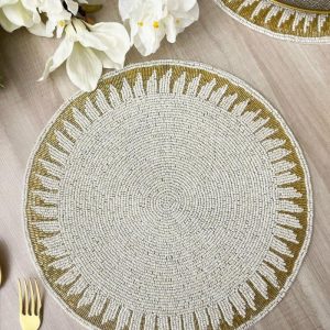 Table Linens | Christy Gold And White Round Beaded Placemat Kitchen Table Linens