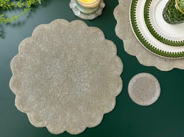 Table Linens | Classic Bead Scalloped Placemat – Silver Kitchen Table Linens