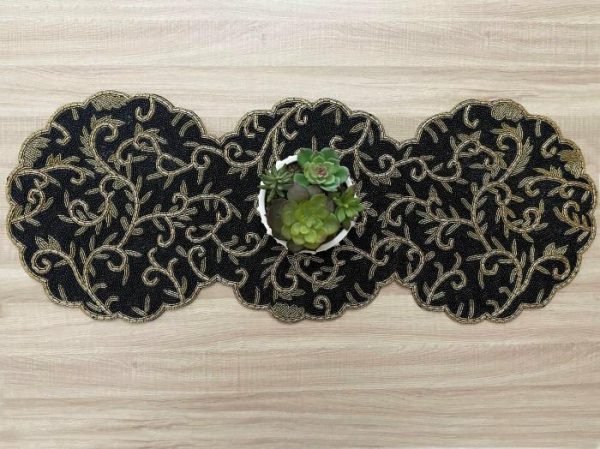 Table Linens | Classic Floral Motif Beaded Table Runner – Black/Gold, 13x36inch runner Kitchen Table Linens