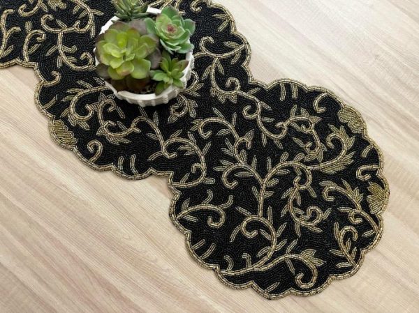 Table Linens | Classic Floral Motif Beaded Table Runner – Black/Gold, 13x36inch runner Kitchen Table Linens