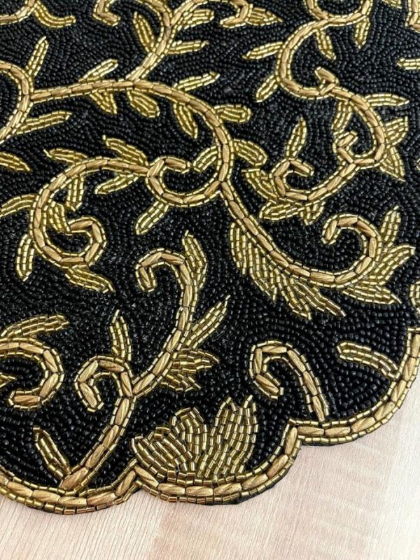 Table Linens | Classic Floral Motif Beaded Table Runner – Black/Gold, 13x36inch runner Kitchen Table Linens