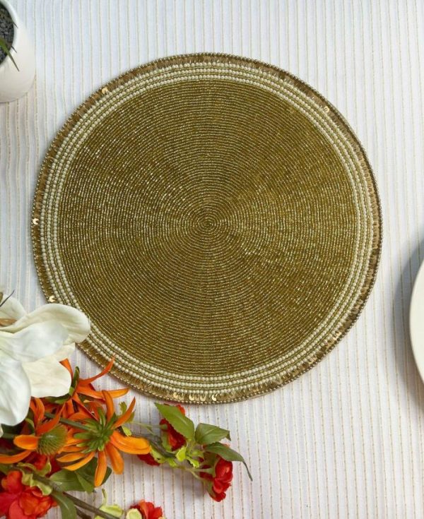 Table Linens | Classic Golden Round Bead And Sequin Placemat – Set Of 4 Kitchen Table Linens