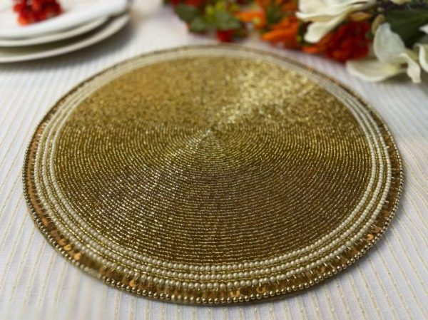 Table Linens | Classic Golden Round Bead And Sequin Placemat – Set Of 4 Kitchen Table Linens