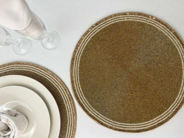 Table Linens | Classic Golden Round Bead And Sequin Placemat – Set Of 4 Kitchen Table Linens