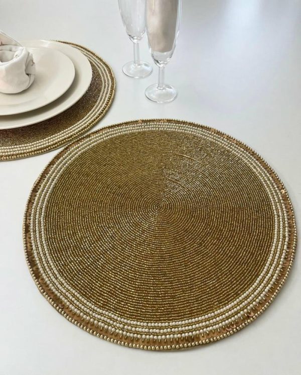 Table Linens | Classic Golden Round Bead And Sequin Placemat – Set Of 4 Kitchen Table Linens