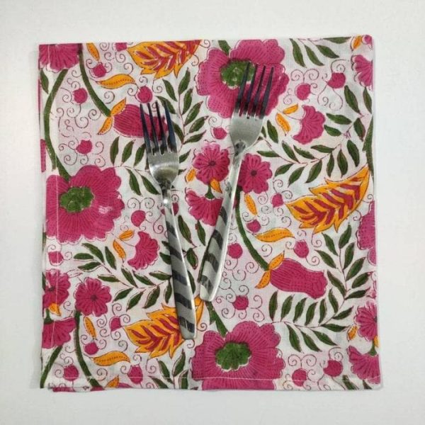 Table Linens | Colorful Spring Floral Block Printed Cotton Napkins Kitchen Table Linens