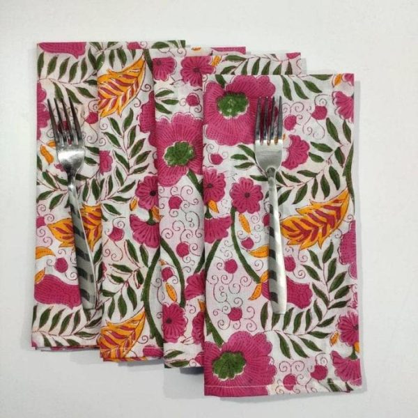 Table Linens | Colorful Spring Floral Block Printed Cotton Napkins Kitchen Table Linens