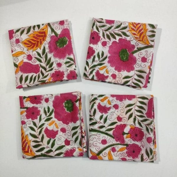 Table Linens | Colorful Spring Floral Block Printed Cotton Napkins Kitchen Table Linens